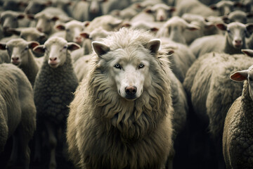 Fototapeta premium Wolf in sheep's clothing in the herd of sheeps. Ai generated illustration