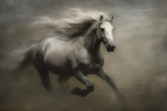 A white horse with long flowing mane on the run, stunning illustration
