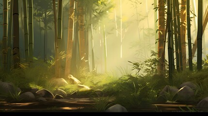 Panorama of the forest in a fog at sunrise. 3D render