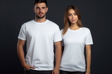 Fototapeta premium Man And Woman With Blank Tshirt Mockup. Сoncept Tshirt Mockup, Man And Woman, Blank Tshirt, Clothing Mockup