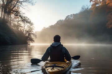 Generative AI : Back view image of young man kayaking on lake or rover in boat