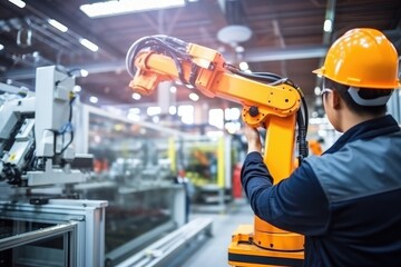Manager Engineer Controlling Robot Arms In Intelligent Factory