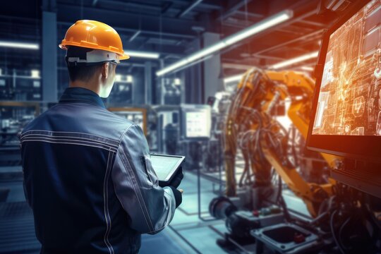 Manager Engineer Controlling Robot Arms In Intelligent Factory