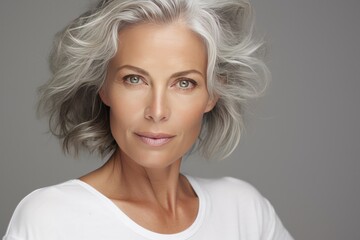 Mature Woman With Grey Hair In White Top Model Shot. Сoncept Elegant Grey Hair, Ageless Beauty, Sophisticated Style, White Top Fashion, Mature Model