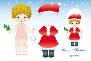 Illustration of a paper doll with Christmas clothes