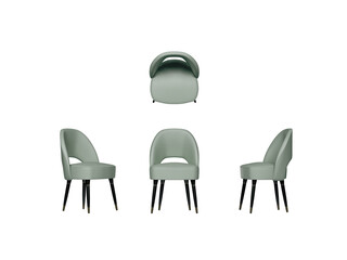 fabric chair with black leg,  top view, font view, side view, isolated,perspective, rendering