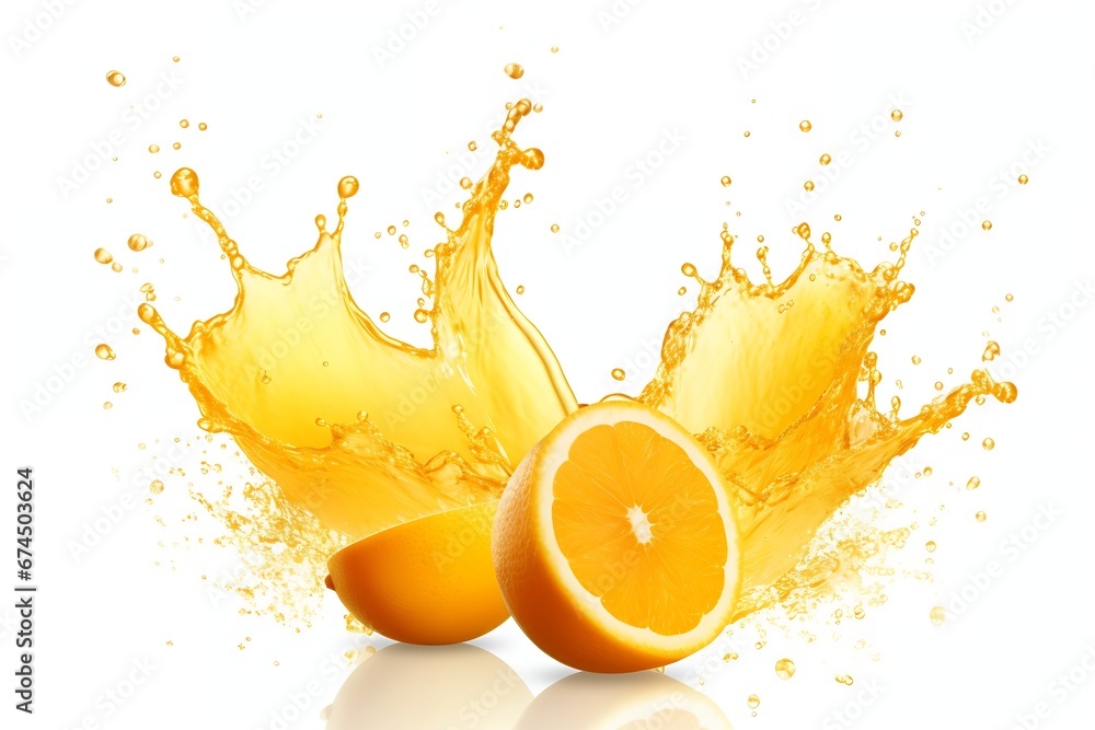 Poster generative ai : orange juice splashing isolated on white background