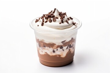 Generative AI : Whipped cream dessert with chocolate on white background_
