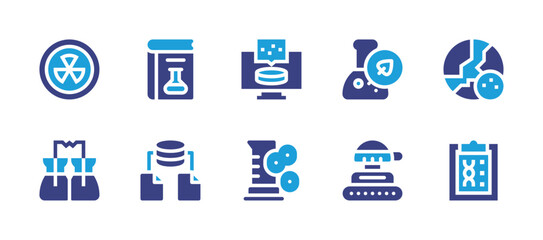 Science icon set. Duotone color. Vector illustration. Containing science fiction, data science, biology, tank, nuclear, flask, moon, dna, sample, plant cell.