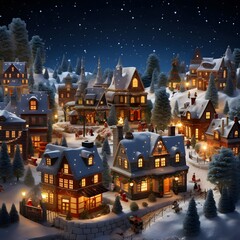 Winter village at night with houses and trees. 3D illustration.