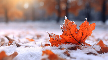 冬の背景、紅葉したかえでの葉に積もる雪 - obrazy, fototapety, plakaty