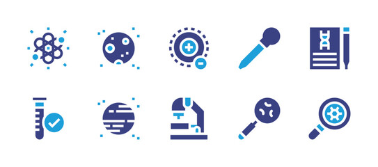 Science icon set. Duotone color. Vector illustration. Containing full moon, planet, biology, nanotechnology, pipette, magnifying glass, electron, test tube, microscope.