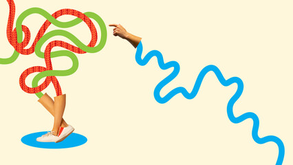 Poster. Contemporary art collage. Creative modern artwork. Cropped one hand pointing legs with green and red lines. Conflict situation.