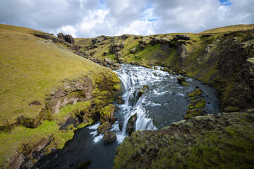 Rugged landscape of river Skógá with rocks, rapids and waterfalls, Suðurland, Iceland