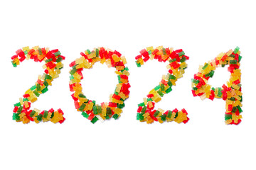 Calendar header number 2024 made from multi-colored jelly beans on a white background. Happy New Year 2024 colorful background.