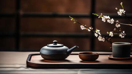 Fototapeta na wymiar Tea ceremony, traditional teapot and ceramic cups on wooden tray on dark background with sakura blossoms. Generative AI