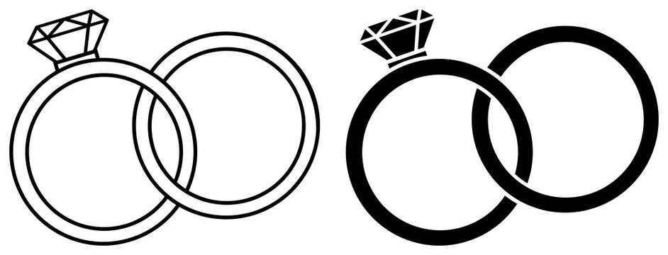 Two rings with diamond icon. Outline and silhouette ring. Wedding symbol.
