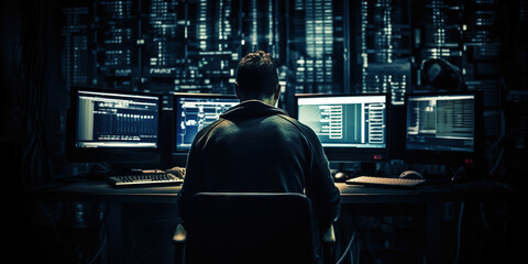 Tech Enthusiast Monitoring Global Data in a Dark Control Room. Hacker concept. Generative AI