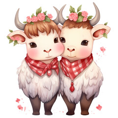Watercolor Cute Baby Cow Highland Couple Clipart Illustration