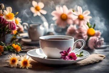 Obraz na płótnie Canvas cup of tea and flowers