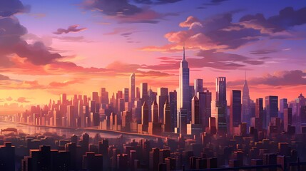 Panorama of the skyline of a modern city at sunset. 3d render