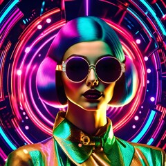 1960s, 1970s digital illustration of a fashionable retro-futuristic woman against a bright colored psychedelic background wearing cool sunglasses. 