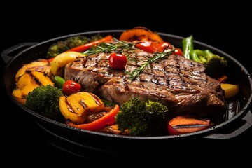 Generative AI : Grilled striploin steak with spices and herbs on grill iron pan.