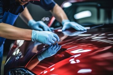 Generative AI : Workers applies car protection film on fender - obrazy, fototapety, plakaty