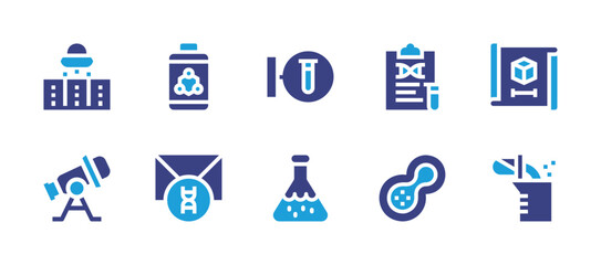 Science icon set. Duotone color. Vector illustration. Containing battery, envelope, lab, flask, prototype, experiment, clipboard, mitosis, ufo, telescope.