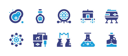 Science icon set. Duotone color. Vector illustration. Containing cell, atom, potion, ph meter, eye, chemical, flask, lunar module, house.