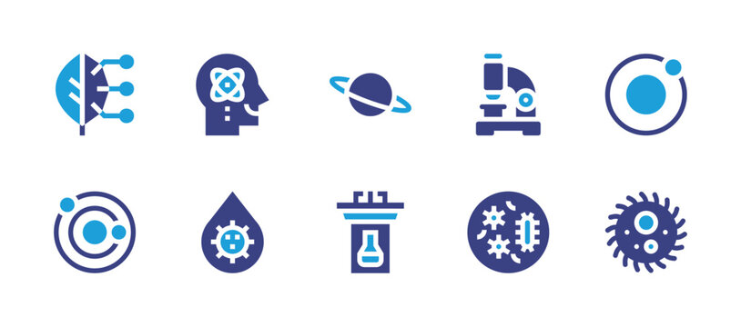 Science icon set. Duotone color. Vector illustration. Containing capability, blood, moon, virus, microscope, petri dish, symbiosis, solar system, planet, lectern.