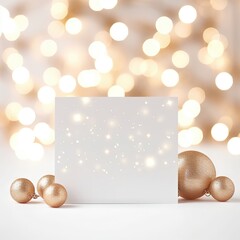 Fototapeta na wymiar organic photo vertical Christmas card mockup, white background, bokeh fiary lights, minimalistic