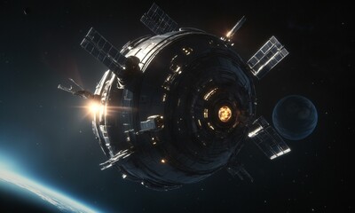 Grafika 10K. Stacja orbitalna w przestrzeni kosmicznej na tle planety i dużej gwiazdy. Statek kosmiczny wchodzi w orbitę Ziemi w Układzie Słonecznym. - obrazy, fototapety, plakaty