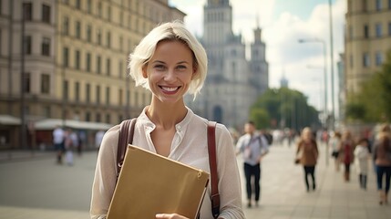smiley beautiful polish woman 55 years old holding a white folder with documents against the backdrop of the streets of Warsaw
