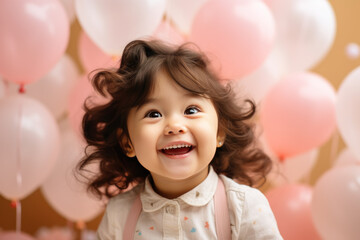 Happy brunette little girl excited looking up in the balloons