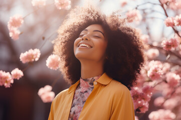 A African woman breathes calmly looking up enjoying spring air - obrazy, fototapety, plakaty