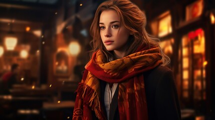 very beautiful girl, harry potter character, student's mantle, gryffindor scarf, magic, christmas, snow falling - obrazy, fototapety, plakaty