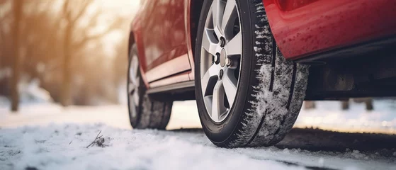 Foto op Plexiglas Close up of car tires in winter on the road covered with snow. Winter tire © DZMITRY