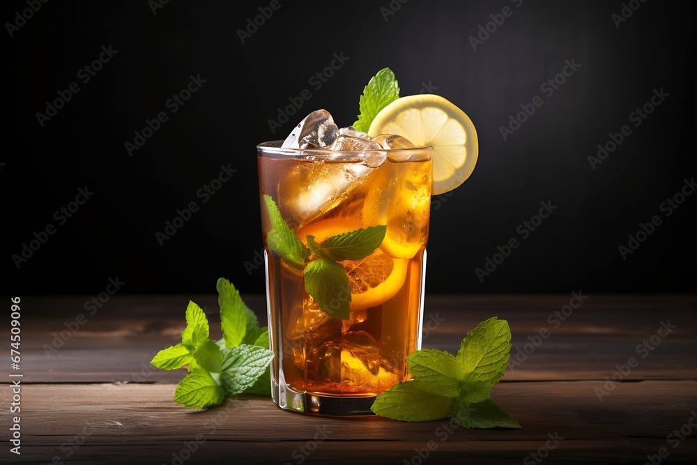 Poster generative ai : iced tea with lemon and mint on a dark wooden background