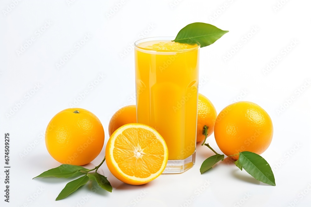 Poster generative ai : glass of orange juice and slices fruits isolate on white background.