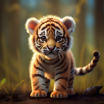Cute Baby Tiger.  Generated Image.  A digital rendering of a cute baby tiger in the wild.