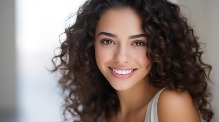 Closeup photo portrait of a beautiful young latin hispanic model woman smiling with clean teeth. Used for a dental ad. Isolated on light background - obrazy, fototapety, plakaty