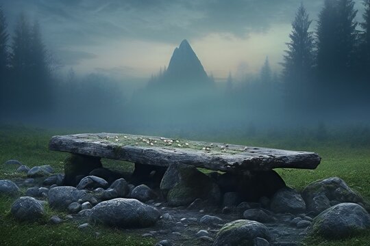 Wooden bench in the middle of the misty forest at dawn