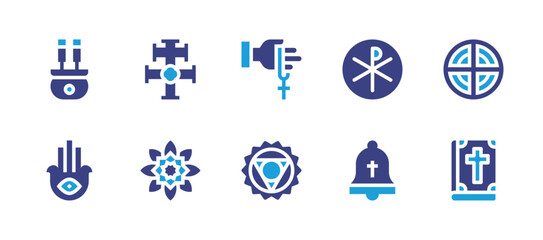 Spirituality icon set. Duotone color. Vector illustration. Containing isese, spirituality, chi rho, sahasrara, vishuddha, praying, bible, incense burner, bell, caravaca cross.