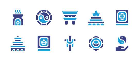 Spirituality icon set. Duotone color. Vector illustration. Containing shinto, cross, yin yang, aromatherapy, pagoda, quran, yajna, svadhisthana, bible.
