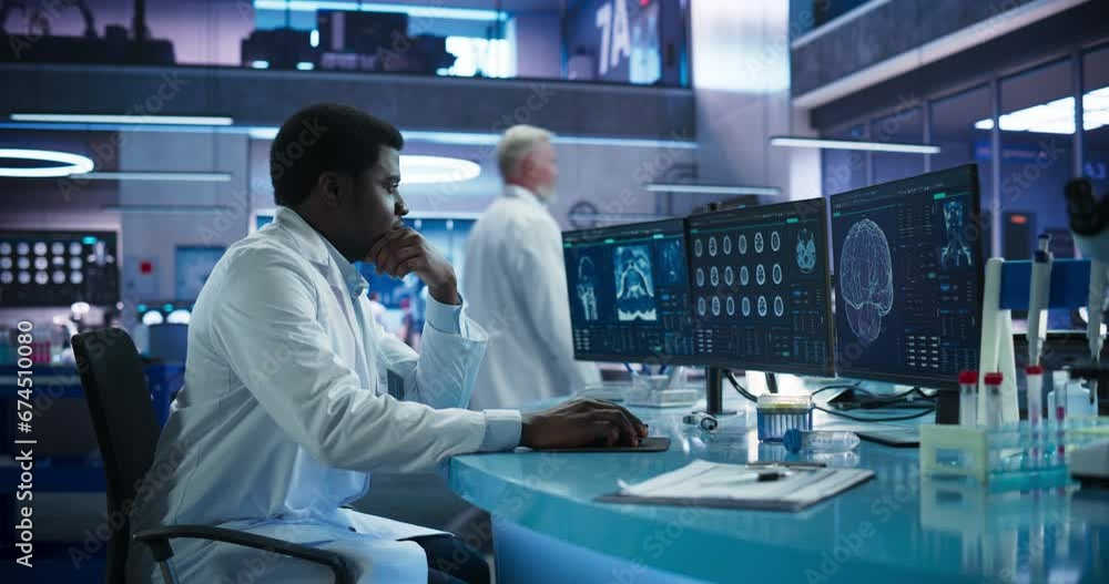 Poster black male neuroscientist using desktop computer to analyze mri scans of brain in medical research c