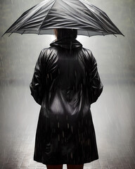 frau steht im regen mit schwarzen regenmantel leder mantel m antel und regenschirm und schaut in die  ferne, man sieht ihren rücken ohne gesicht