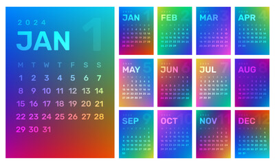 2024 Gradient Monthly Calendar Widget PNG Digital Sticker, Monday-Start 