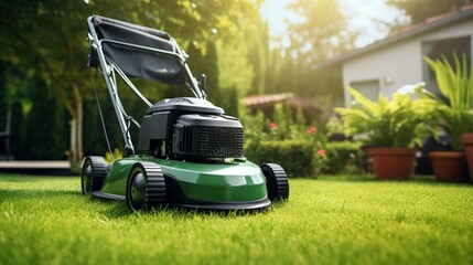 lawn mower in the garden  generated by AI - obrazy, fototapety, plakaty