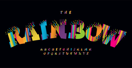 Rainbow colorful alphabet, interactive vibrant font, innovative typeface for digital art, kid parties and captivating advertising, creative headline design. Fun rainbow typography. Vector typeset - obrazy, fototapety, plakaty